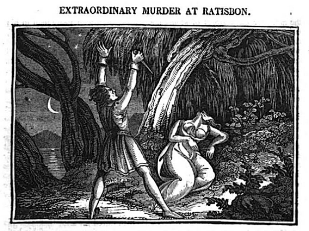 Eine Schwarz-Weiß-Illustration eines Mannes und einer Frau in einem Wald, mit Bäumen im Hintergrund und dem Text "Außergewöhnlicher Mord in Ratison" oben und unten.