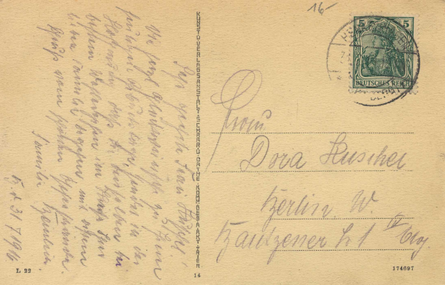 Eine alte deutsche Postkarte in sehr gutem Zustand, die ein Siegel und den Text "Konzert-Luger-Konferenz-Kommunikation" sowie die Nummer "174097" zeigt.