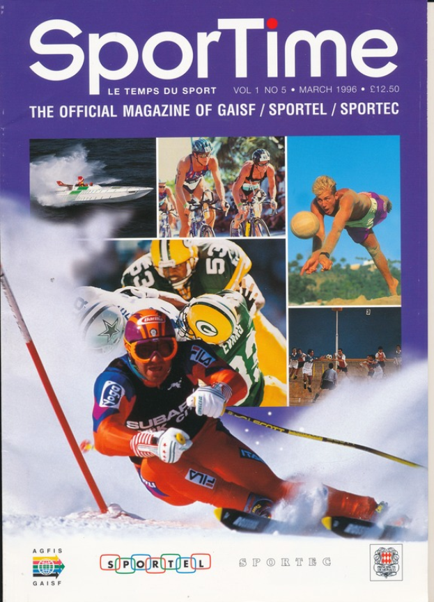 Ein Magazin-Cover mit der Überschrift "Sporttime Magazine - März 1996", das Bilder von Menschen beim Skifahren und Snowboarden zeigt, zusammen mit Text und Logos.