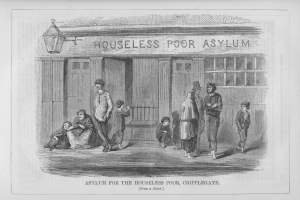 Schwarz-weiß-Zeichnung einer Gruppe von Menschen, die vor einem Geb├Ąude mit der Aufschrift "Asyl für die Armen" stehen.