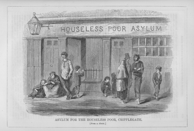 Schwarz-weiß-Zeichnung einer Gruppe von Menschen, die vor einem Geb├Ąude mit der Aufschrift "Asyl für die Armen" stehen.