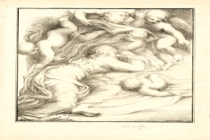 Eine Zeichnung einer Frau, die friedlich auf einem Bett liegt und von einer Gruppe Kinder bewundert wird.