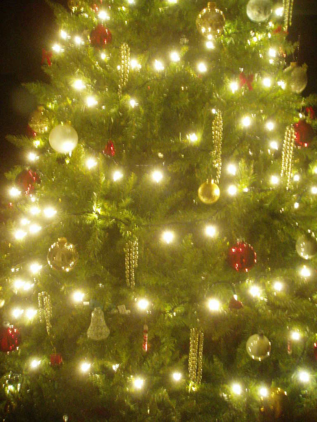 Ein Weihnachtsbaum mit Lichtern, Kugeln und anderen Schmuck.