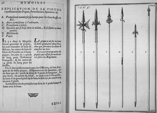 Offenes Buch, das eine Seite mit Text in einem dekorativen Rahmen und symmetrischen Illustrationen von Schwertern, Speeren und Schilden zeigt.