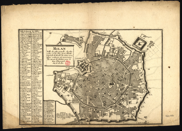 Ein detaillierter alter Stadtplan von Mailand, Italien, auf einem schwarzen Hintergrund, der Straßen, Gebäude und Sehenswürdigkeiten zeigt, mit Text, der zusätzliche Informationen bietet.