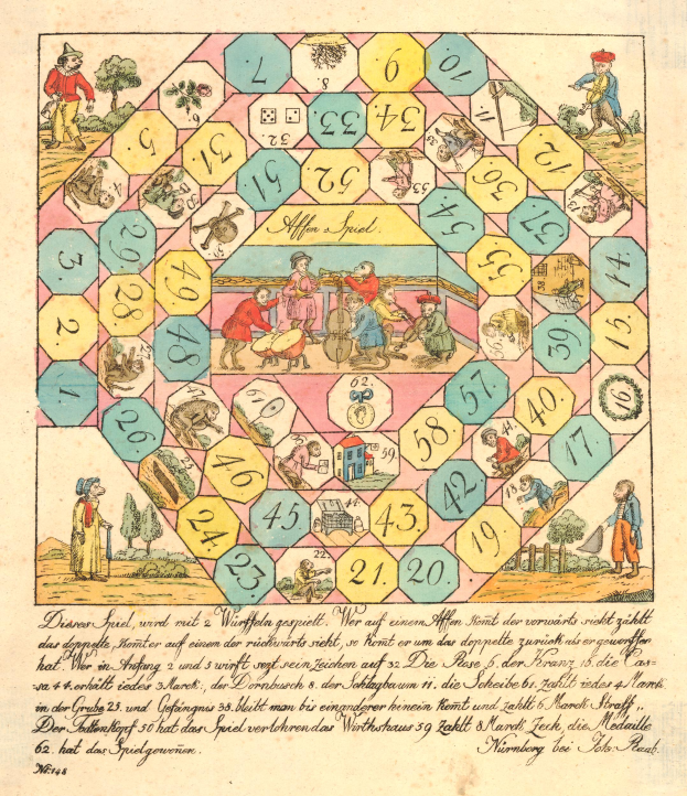 Ein altes Buch mit einer Zeichnung eines Spielbretts voller Zahlen, Bilder und Text.