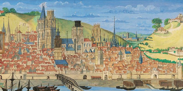 Gemälde von Köln, Deutschland mit einer Stadtansicht mit Booten, einer Brücke, Gebäuden, Bäumen, Hügeln und einem bewölkten Himmel.
