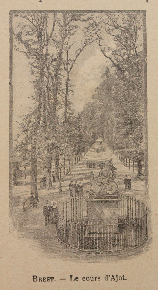 Ein altes Buch mit einer Zeichnung eines Parks mit hohen, grünen Bäumen, die Schatten spenden, Menschen, die einen Weg entlanggehen, und einem Zaun mit Text, der die Geschichte und Kultur des Parks beschreibt.