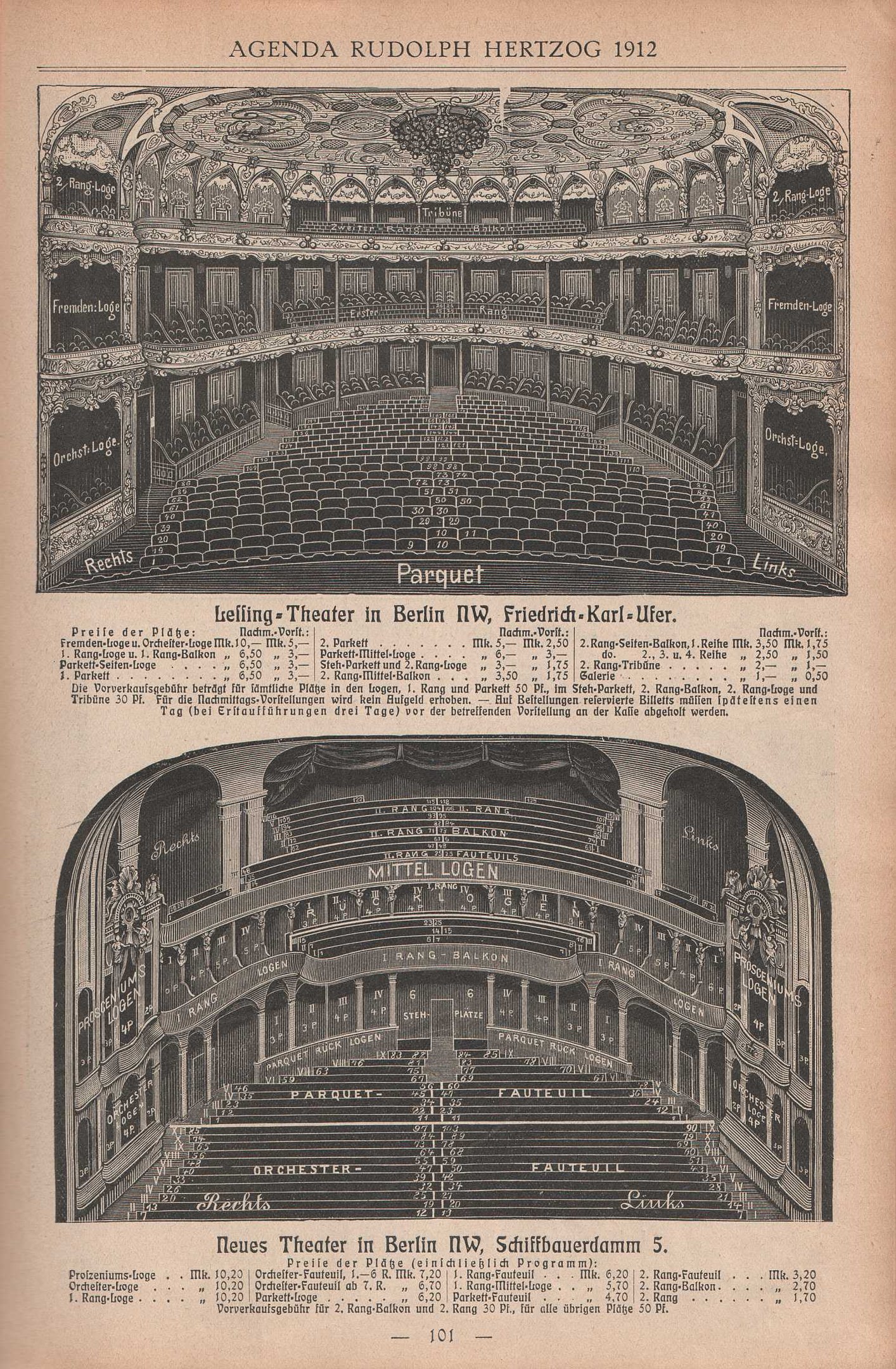 Schwarz-weiß-Illustration einer alten Buchseite mit einer detaillierten Zeichnung eines großen Auditoriums in Berlin, Deutschland aus dem Jahr 1912, begleitet von Text, der das Layout beschreibt.