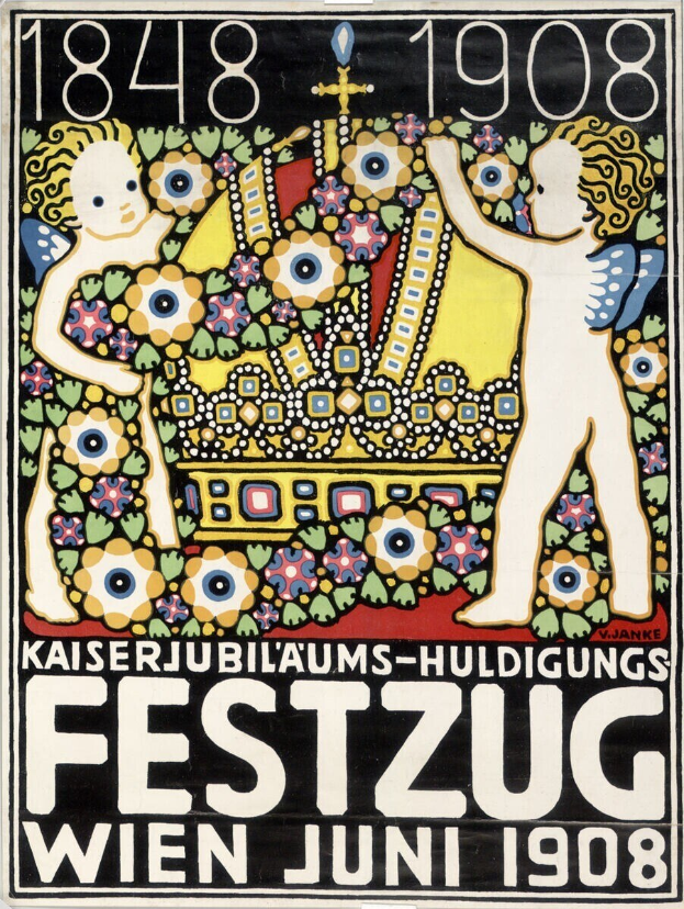 Festivalkunst in Wien, Österreich, mit einem Gemälde von einem Jungen und einem Mädchen nebeneinanderstehend mit Armen um die Taille und Text mit Festivaldetails.