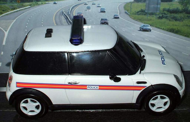 Ein weißes Polizeiauto parkt vor einer befahrenen Straße mit fahrenden Fahrzeugen, umgeben von Gras und Bäumen in einer ländlichen Umgebung.