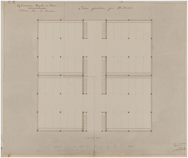 Schwarz-weißes Architekturzeichnung eines 18. Jahrhundert-Gebäudes' erster Stockplan mit zahlreichen Fenstern und handgeschriebenen Anmerkungen auf altem Papier.