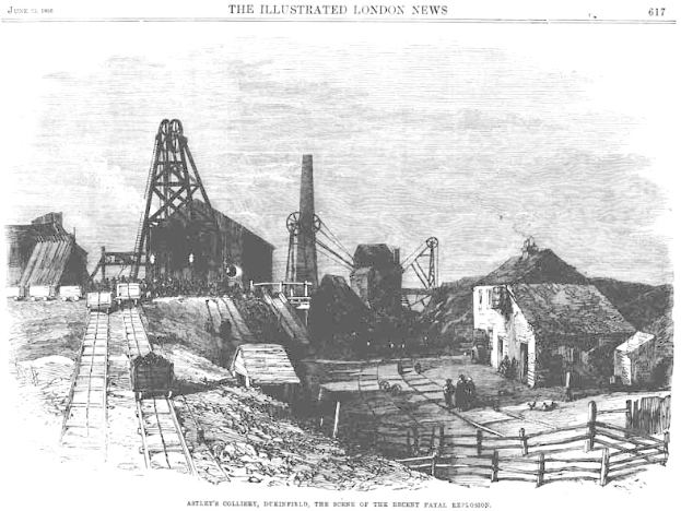 Eine Schwarz-Weiß-Radierung eines Kohlebergwerks in London, England, mit der Aufschrift "Ashley's Colliery, Derbyshire, der Ort des jüngsten tödlichen Explosions", das Häuser, Bahnschienen, Menschen, einen Zaun im Vordergrund und den Himmel im Hintergrund zeigt.