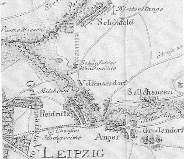Ein detaillierter alter Stadtplan von Leipzig, Deutschland, der Straßen, Gebäude, Sehenswürdigkeiten und Text enthält, der Informationen über die Bevölkerung, Straßen und Sehenswürdigkeiten bereitstellt.