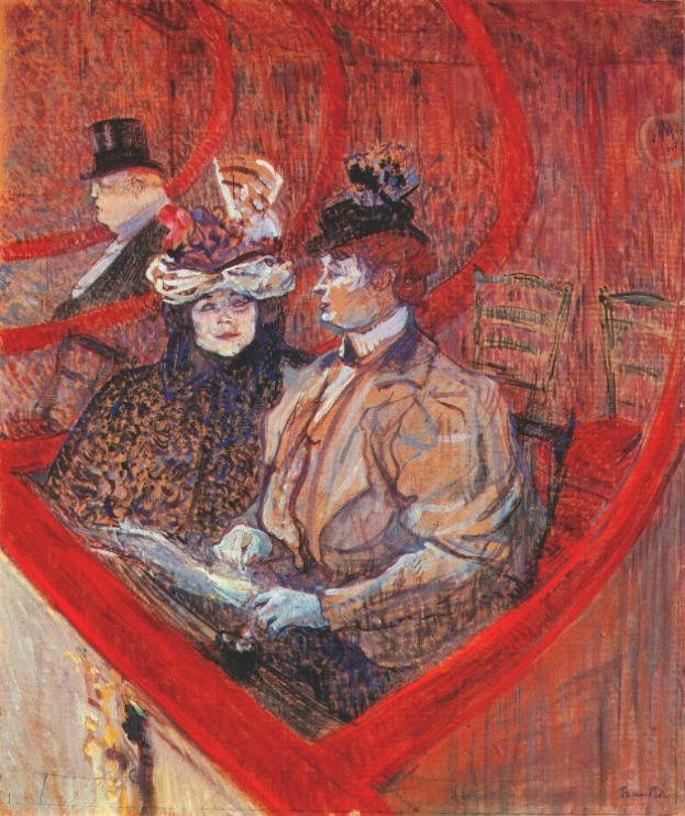 Gemälde mit dem Titel "Die Oper" von Édouard Manet, das zwei formell gekleidete Personen zeigt, die an einem Tisch in einem Raum sitzen, mit einer dritten Person im Hintergrund.