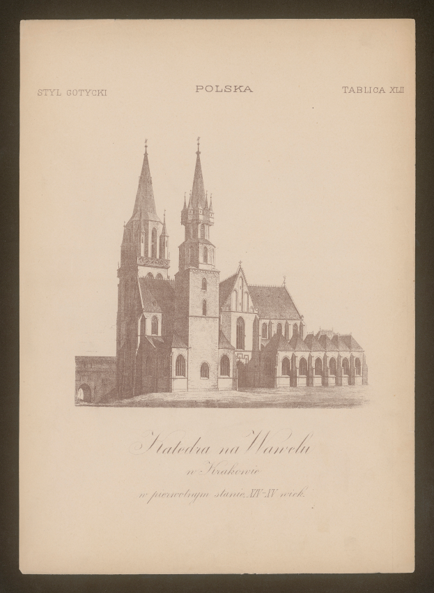 Ein altes Buch mit einer detaillierten Zeichnung einer Kirche mit hohen Türmen und komplexer Architektur, begleitet von Text, der die Geschichte und Bedeutung der Kirche beschreibt.