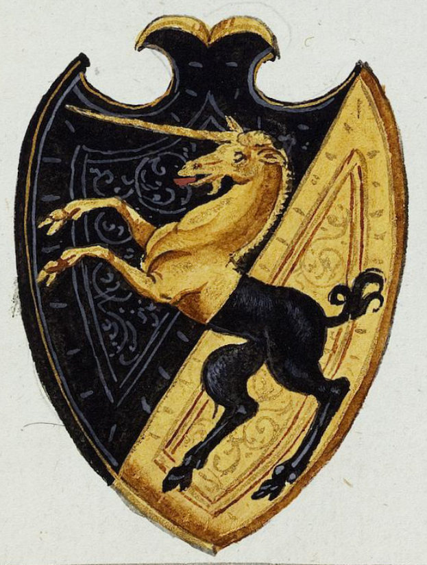 Ein mittelalterliches Gemälde eines Einhorns auf einem Schild, mit dem Einhorn in einer königlichen Haltung und dem Schild mit kunstvollen Designs und leuchtenden Farben geschmückt.