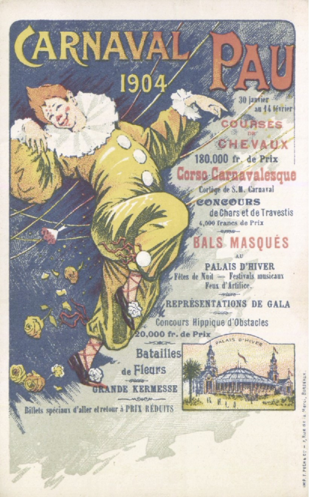 Ein altes Buch mit einem Clown in einem bunten Kostüm und einem verschmitzten Gesichtsausdruck auf dem Cover, betitelt mit "Carnaval Pau 1904".