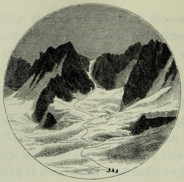 Eine Schwarzweiß-Radierung von einer schneebedeckten Gebirgskette mit einem Fluss darunter und einem klaren Himmel, mit der Beschriftung "Alpine Skiing in Switzerland" unten.