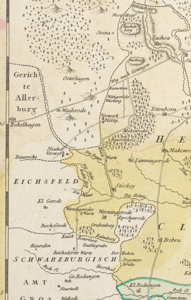 Ein altes Stadtplan von Eichsfeld, Deutschland, das Städte, Gemeinden und geografische Merkmale mit Textanmerkungen zeigt.