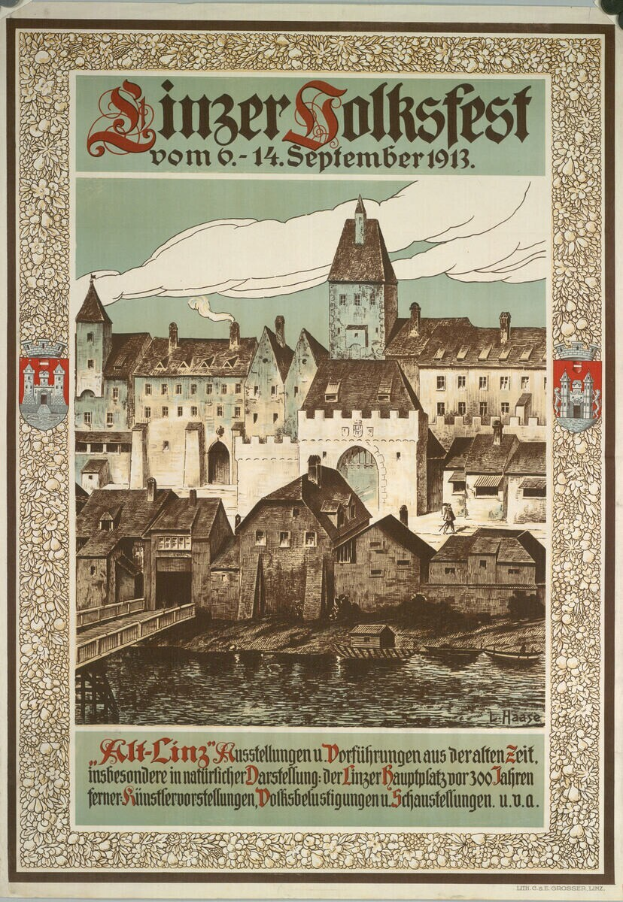 Ein altes Plakat, das ein Festival in Deutschland ankündigt und ein Schloss zeigt, das von Häusern umgeben ist, mit Texten, die Festival-Informationen bereitstellen.