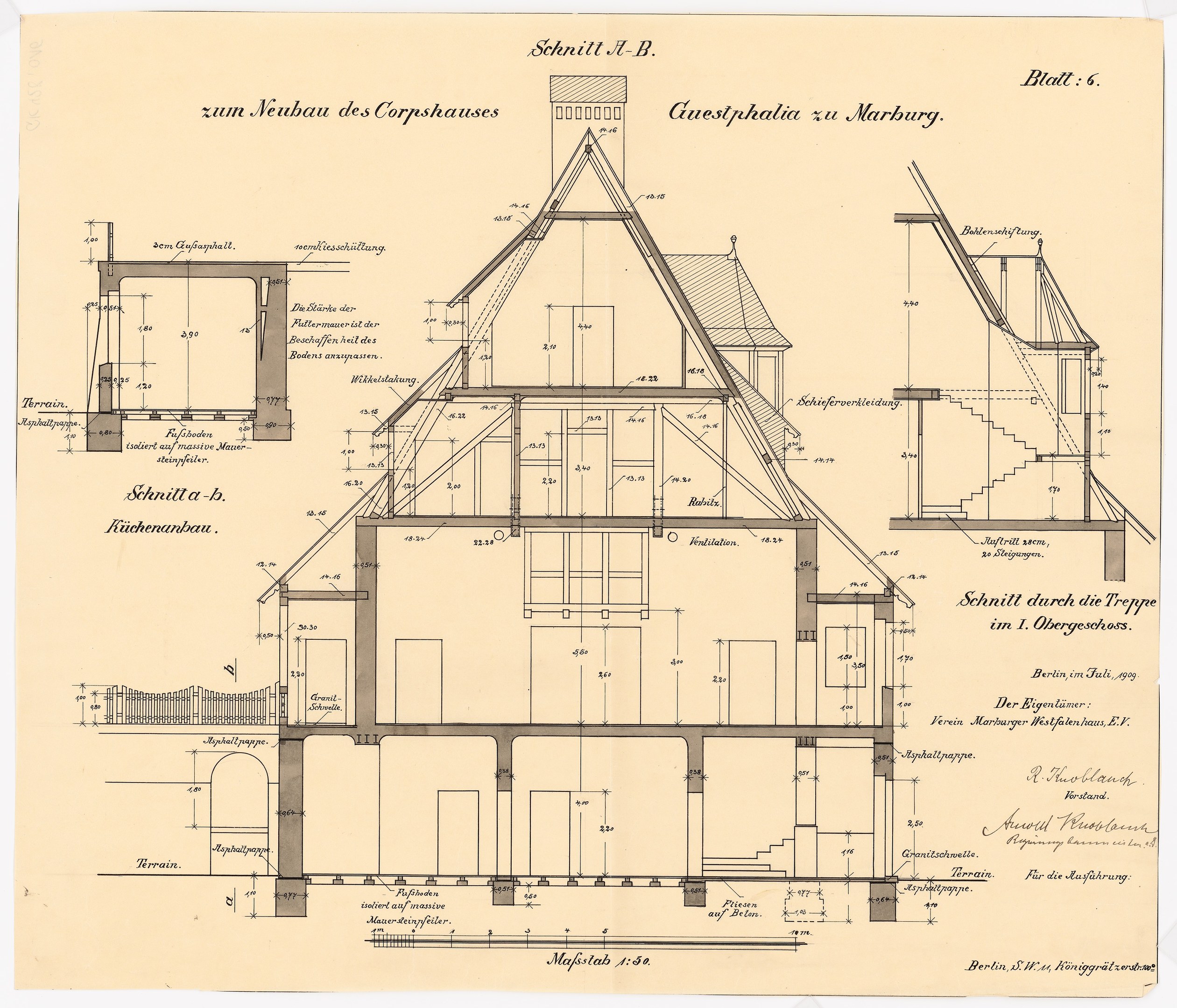 Ein detailliertes architektonisches Zeichnung eines historischen Hauses mit zahlreichen Fenstern und einem Dachfirst, begleitet von Text und Plänen, das als erstes Haus in Deutschland gilt.