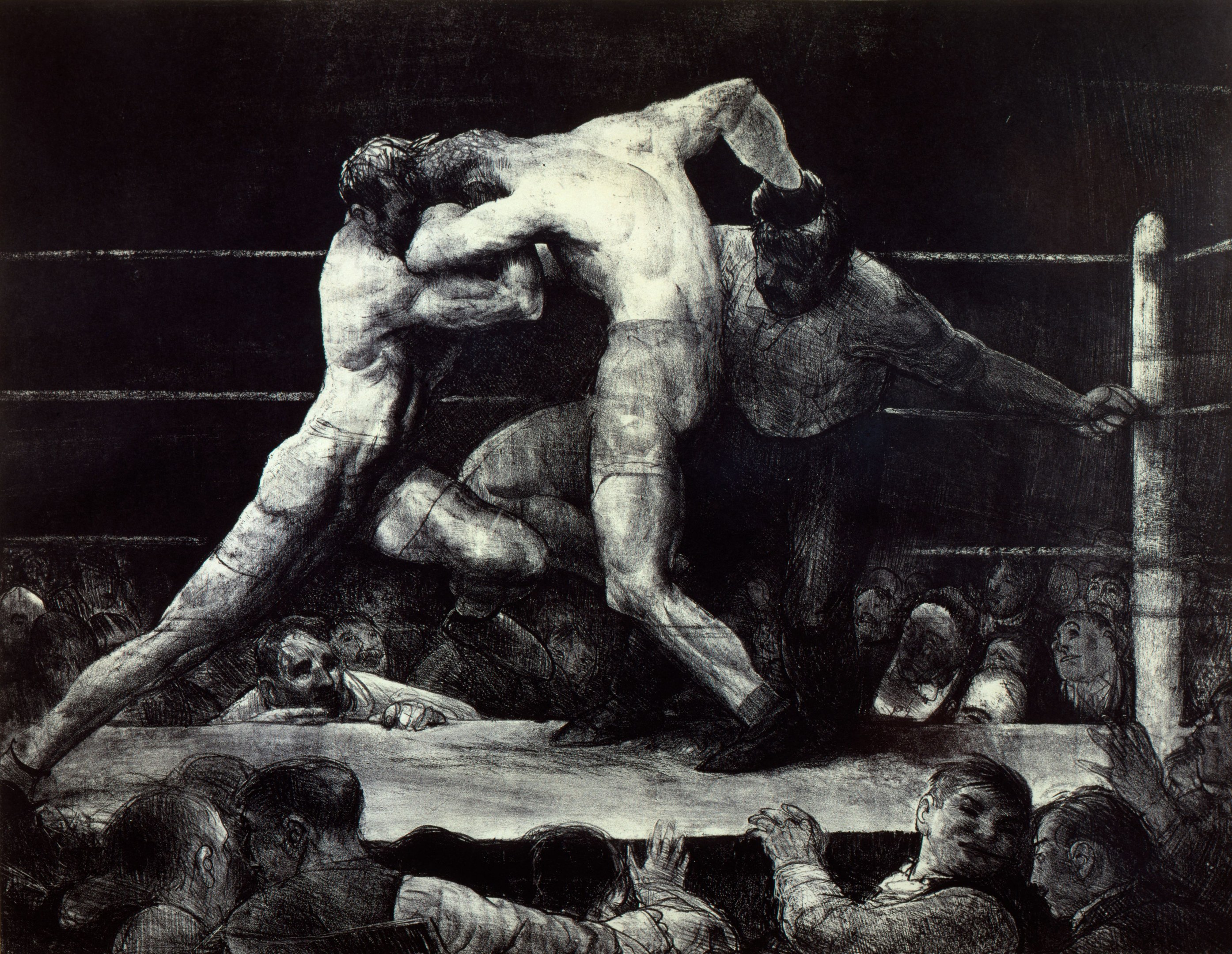 Schwarz-weiß-Zeichnung von zwei Boxern im Ring, einer schlägt den anderen, mit einer jubelnden Menge drumherum.