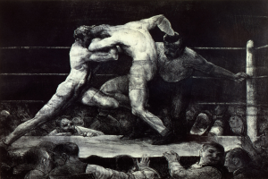 Schwarz-weiß-Zeichnung von zwei Boxern im Ring, einer schlägt den anderen, mit einer jubelnden Menge drumherum.