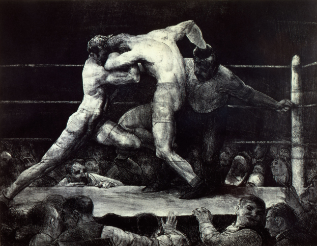 Schwarz-weiß-Zeichnung von zwei Boxern im Ring, einer schlägt den anderen, mit einer jubelnden Menge drumherum.