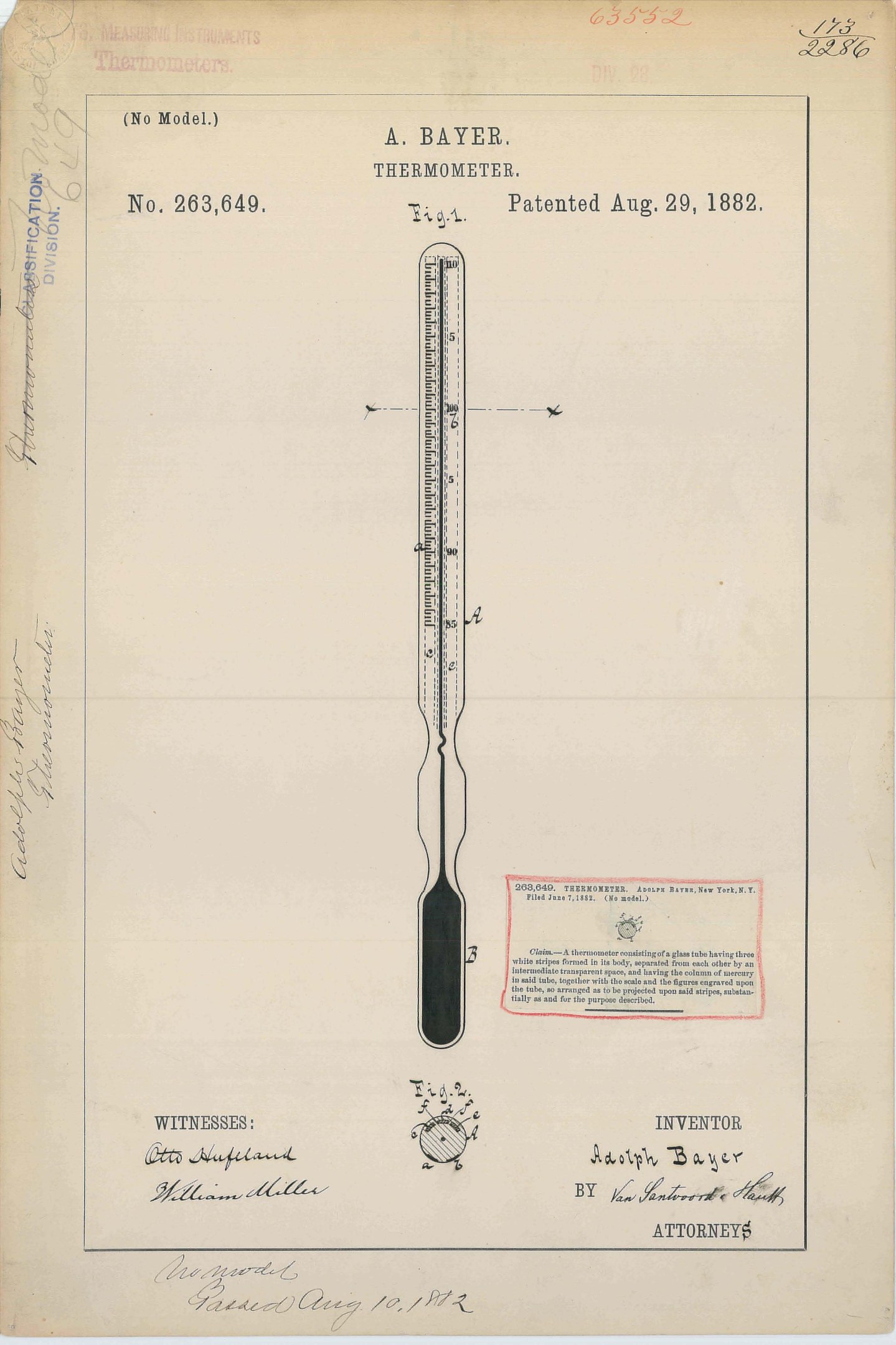 Ein altes Buch mit einer Zeichnung eines Thermometers, das mit "Bayer Thermometer Patent No. 263,649" beschriftet ist.