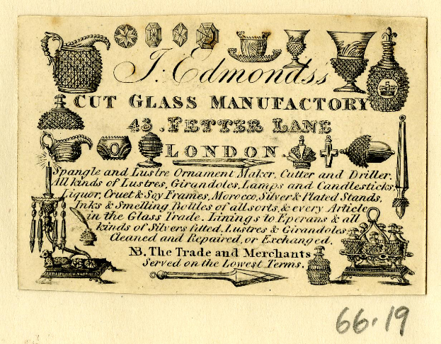 Eine alte Werbung für eine Glasfabrik in London mit Text und Abbildungen von Glasherstellungsgegenständen.