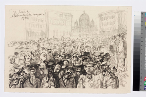 Schwarze und weiße Zeichnung einer Demonstration mit Menschen, die Parolen rufen und gestikulieren, vor einem hohen Gebäude, begleitet von Text und Farbskalen auf der rechten Seite.