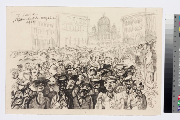 Schwarze und weiße Zeichnung einer Demonstration mit Menschen, die Parolen rufen und gestikulieren, vor einem hohen Gebäude, begleitet von Text und Farbskalen auf der rechten Seite.