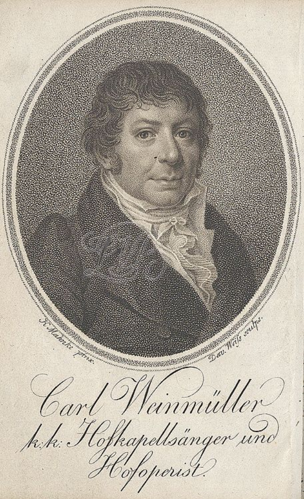 Ein altes Buchcover mit einem Porträt von Carl Weimiller, einem ernst aussehenden Mann in einem schwarzen Anzug und einem weißen Hemd, mit kursiver Schrift, die seine Arbeit beschreibt.