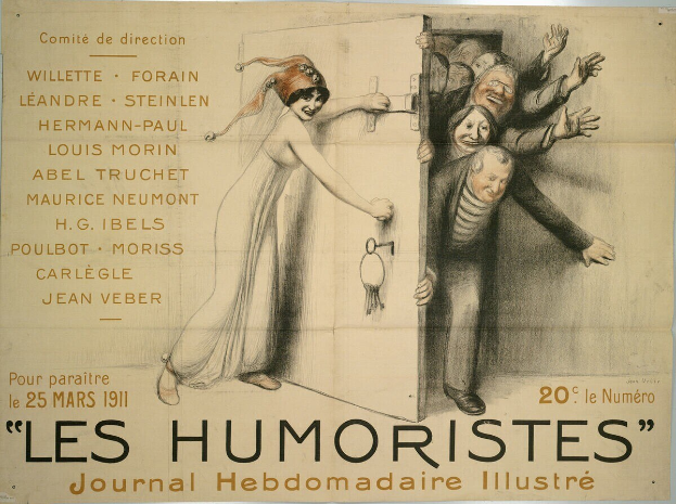 Ein buntes Plakat an einer Gebäudewand mit der Aufschrift 'Les Humoristes Journal Hebdomadaire Illustré', das lachende Menschen zeigt.