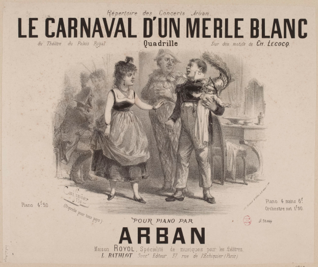 Eine Zeichnung eines Mannes und einer Frau in traditioneller Kleidung vor einem Karneval mit der Aufschrift "le carnaval d'un merle blanc", in einer festlichen Atmosphäre.