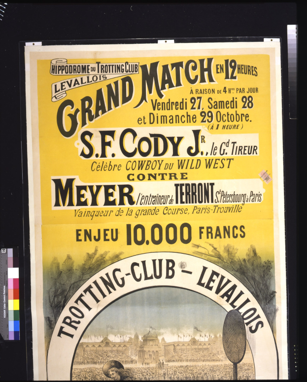 Alter Plakataufdruck für ein großes Match zwischen S.F. Cody und Meyer mit Textbeschreibung des Ereignisses.