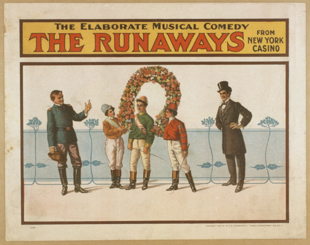 Plakat für "The Elaborate Musical Comedy Runaways from New York Casino" mit einer Gruppe von Menschen in einer Reihe, einer Person mit einem Blumenstrauß und Werbetext.