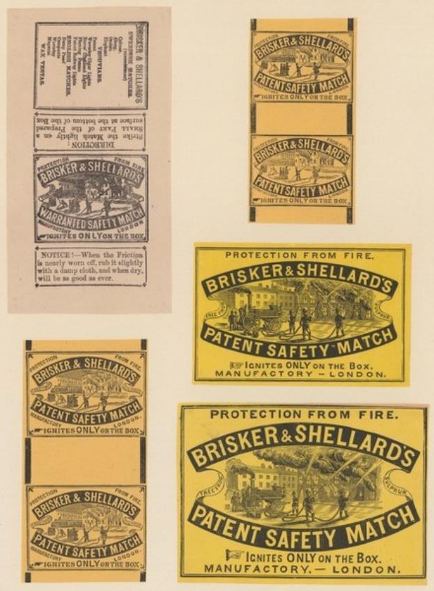 Papier mit angehefteten Zetteln mit der Aufschrift "Brisker & Shellard's Patent Safety Match".