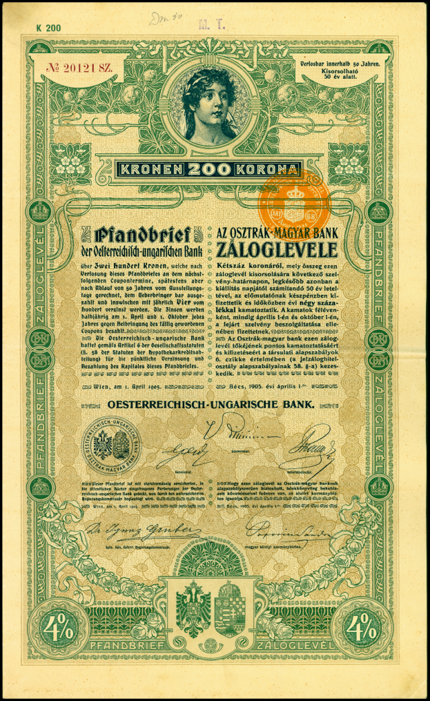 Eine alte deutsche Banknote mit einem Mann im Anzug und Krawatte mit ernstem Gesichtsausdruck auf einem hellblauen Hintergrund mit der Aufschrift "Kronen 200 Korona".