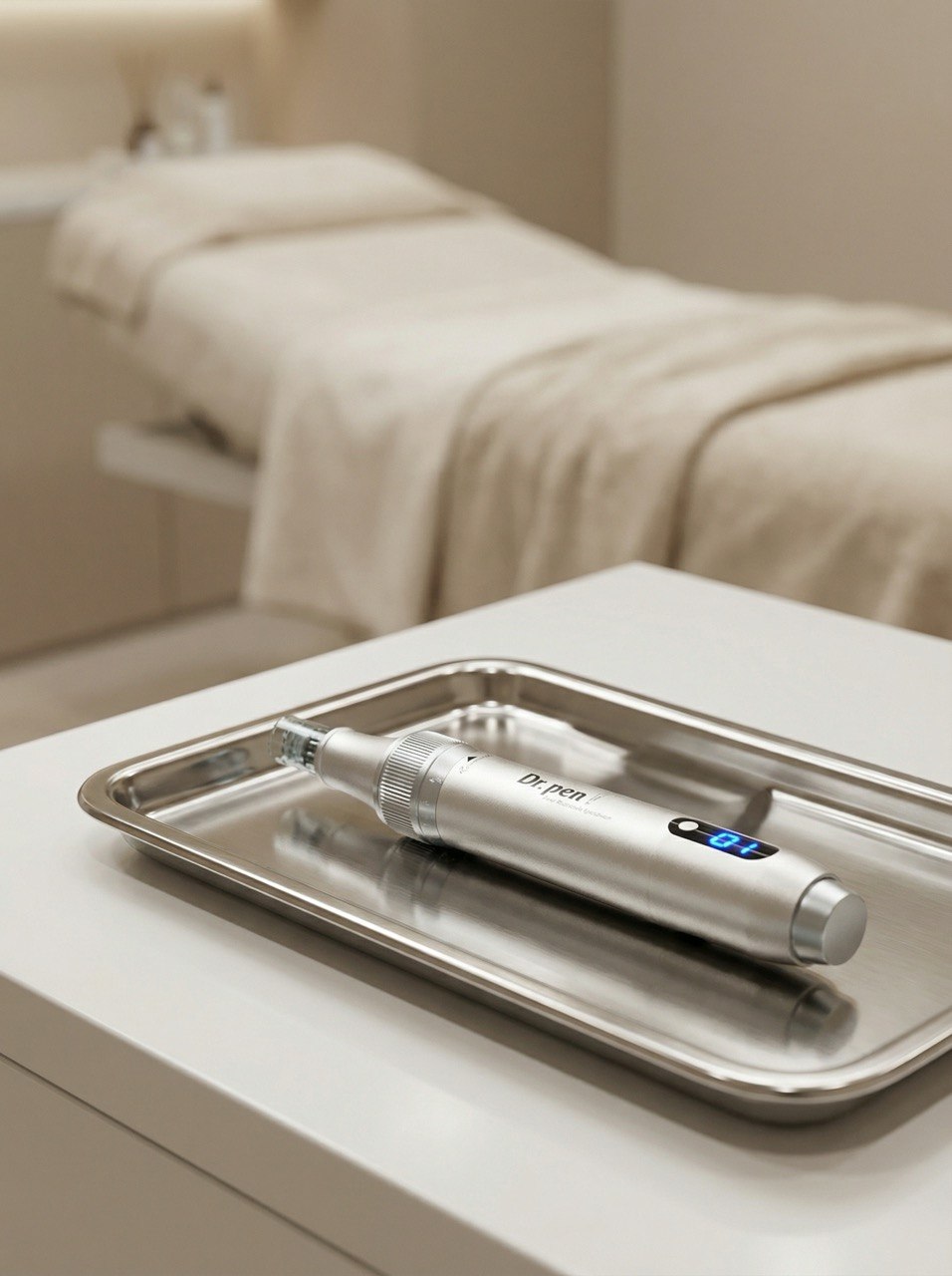 Steriles Microneedling-Instrument auf einem Tablett in einem modernen Kosmetikstudio.