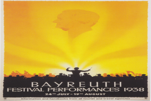 Plakat für die Bayreuther Festspiele 1938 mit einer zentralen Figur umgeben von einer Gruppe und Text mit Festivalinformationen.