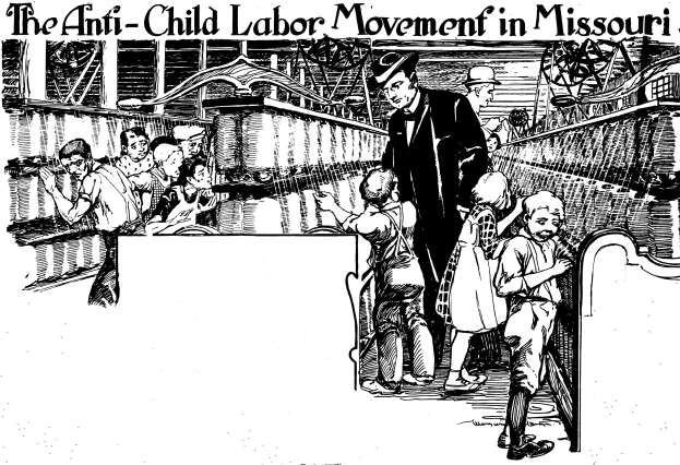 Plakat mit der Aufschrift "Die Anti-Kinderarbeit-Bewegung in Missouri" zeigt eine Gruppe von Menschen in traditioneller Kleidung, einige stehen, andere sitzen, mit Gesichtern voller Furcht und Verzweiflung.