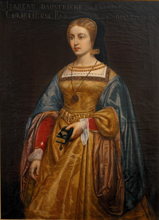 Gemälde von Isabella d'Ästerreich in einem goldenen Kleid mit detailreichem Schmuck, Haar zu einem Knoten gebunden, mit ernster und würdevoller Miene, von Christierne Roy.