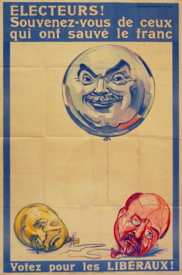 Ein französisches Wahlplakat aus den 1920er Jahren mit dem Konterfei eines Mannes, der einen Luftballon hält, und der Aufforderung an die Wähler, sich derer zu erinnern, die Frankreich gerettet haben, Bezug nehmend auf die Französische Revolution und die Bedeutung des Wählens für die Freiheit.