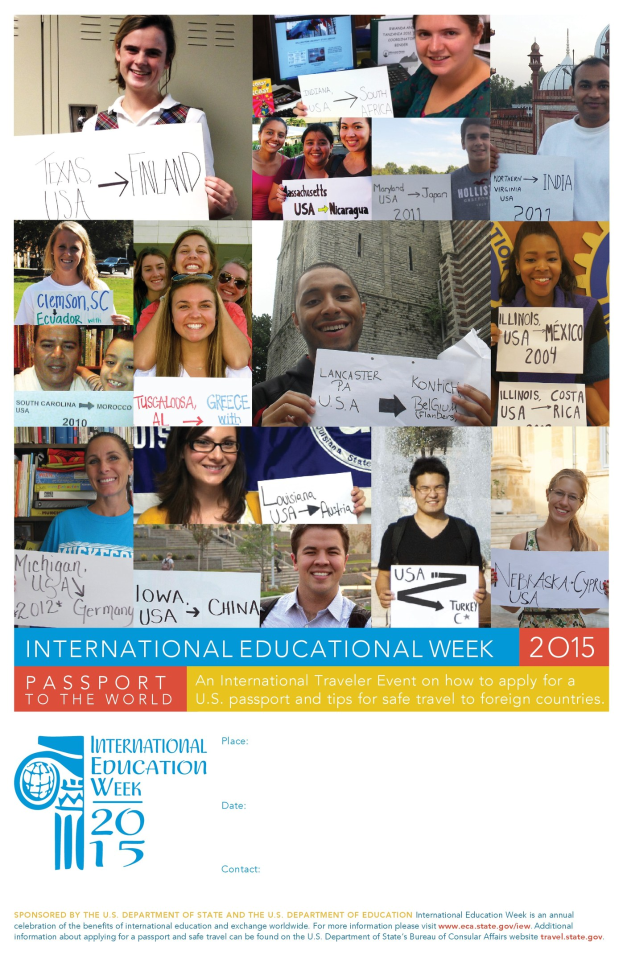 Plakat zur Internationalen Bildungswoche 2015 mit einer Gruppe strahlender Menschen, die Schilder halten und Text mit Veranstaltungshinweisen.