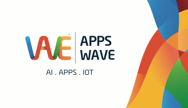 Ein buntes Design auf der rechten Seite mit den Wörtern "AI, Apps, IoT" darauf gegen einen weißen Hintergrund.
