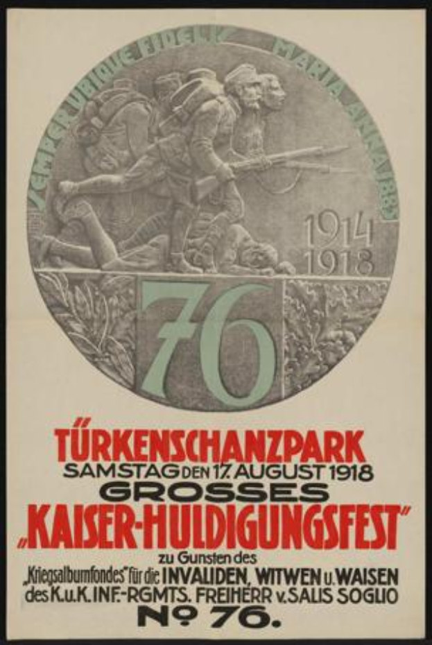Ein gerahmtes Plakat zum 70-jährigen Jubiläum des Kaiser-Huldigungsfestes in Berlin, Deutschland, mit einer Gruppe von Menschen in der Mitte, umgeben von Text und Zahlen.