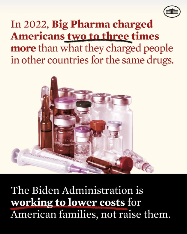 Ein Plakat, das zeigt, dass Big Pharma 2022 Amerikanern zwei bis drei Mal so viel für dieselben Medikamente berechnet hat wie in anderen Ländern, mit Bildern von Medikamentenflaschen und einer Spritze.