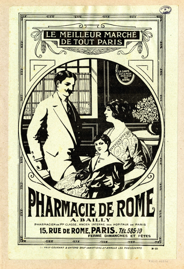 Schwarz-weiß-Werbung für eine römische Apotheke mit einem Mann und einer Frau nebeneinander mit Text, der die Dienstleistungen beschreibt.